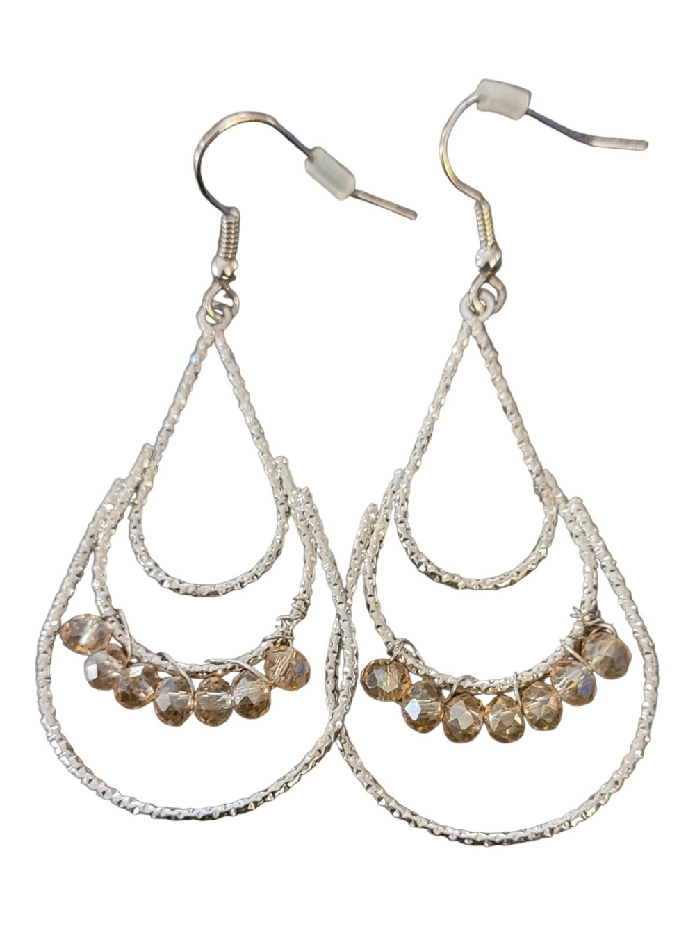 Silver Teardrop Hoop Earrings with Champagne Beads